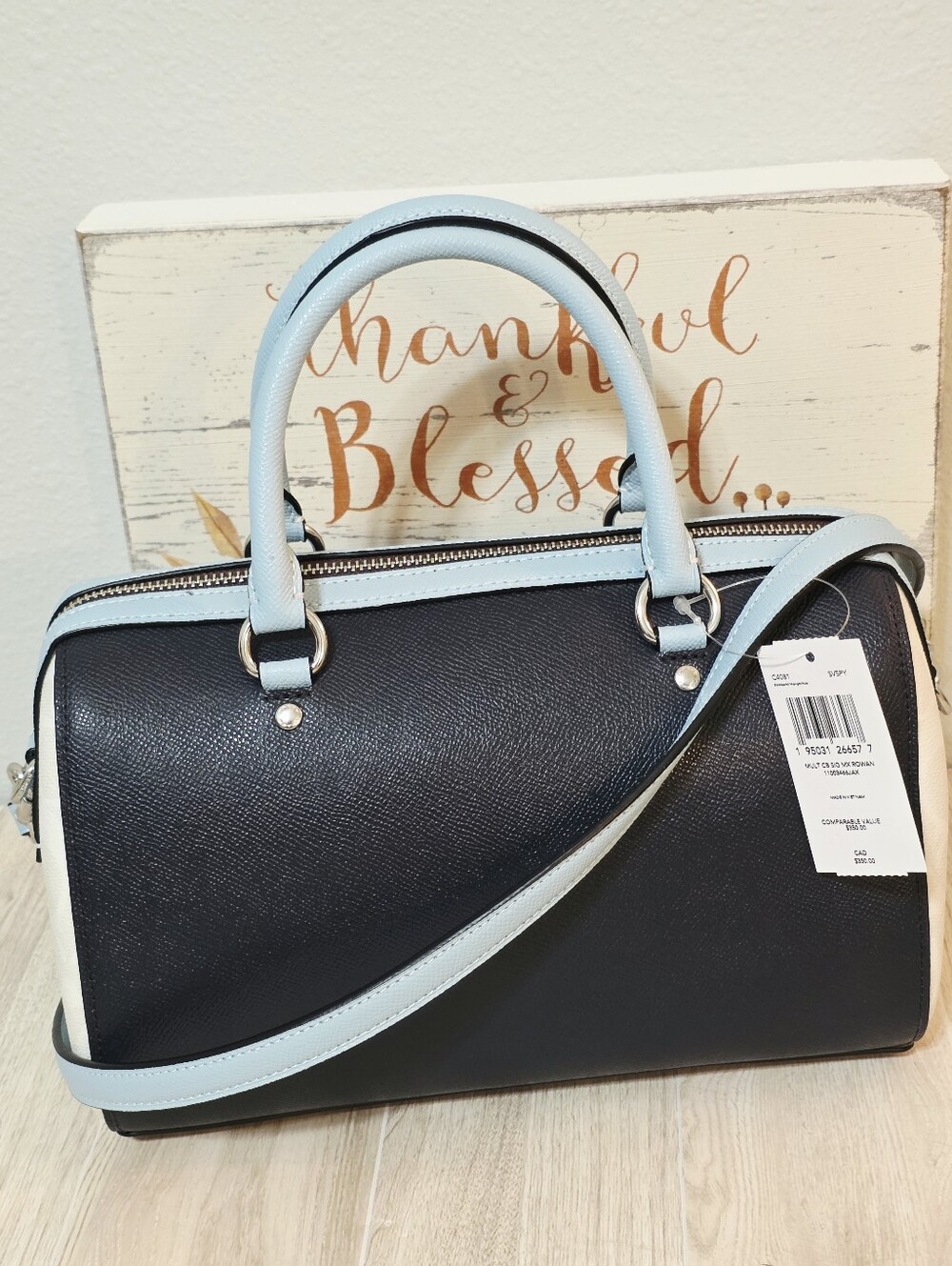 Coach RARE Rowan Colorblock Satchel Crossbody Purse Midnight Blue Chalk Bag - Picture 10 of 16